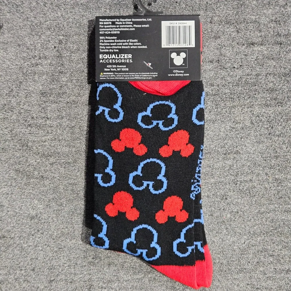 Disney Mickey Mouse Crew Socks Mens Size 9-13 Black Red Blue Silhouette Pattern